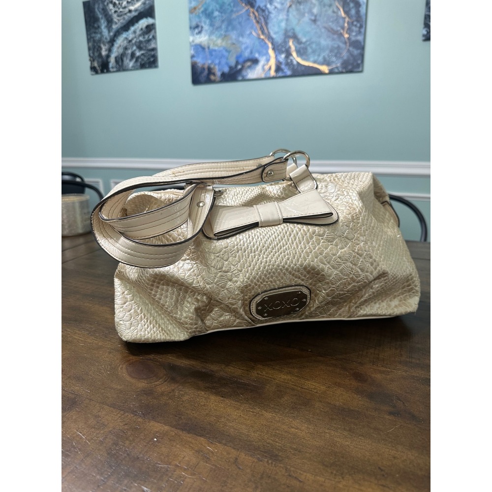XOXO Cream‎ Faux Snakeskin Embossed Satchel Handbag with Bow Detail Silver Logo